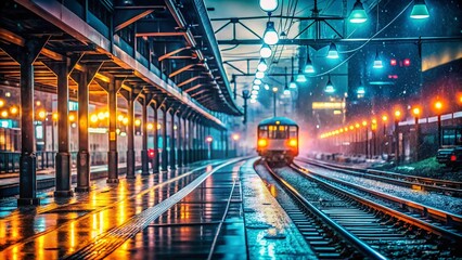 Blurred Motion: Japanese Train Station at Night - Stock Photo