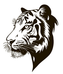 Tiger face sketch hand drawn illustration.  Ink tattoo logos. Tattoo of a tiger head. Big wild animal isolated on white background