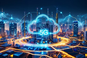 5G wireless network, high speed internet, cloud computing or connect diagram technology, Data storage, service, synchronize, online, financial, Connectivity global