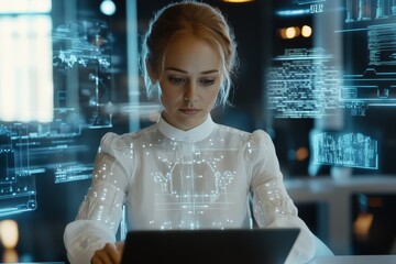 Futuristic digital interface featuring a businesswoman amidst modern office scenes and innovation