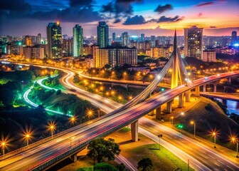 Bokeh Cityscape: Guarulhos Landmark Bridge Over Dutra Highway at Night