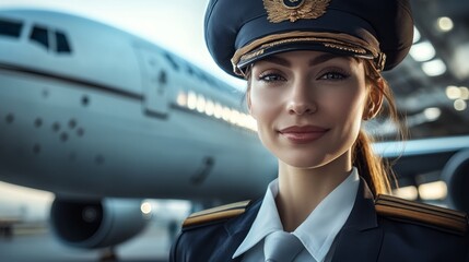 A professional and confident portrait of a female pilot dressed in a crisp airline uniform, airplane in the background.