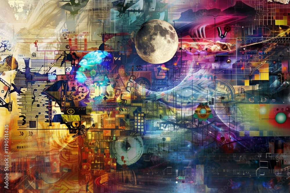 Poster a digital collage showcasing abstract representations of various subjects and topaz, an abstract rep