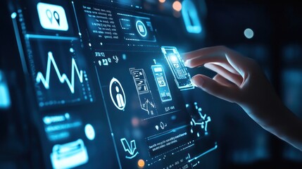 Hand interacting with a futuristic digital interface displaying data analytics, graphs, and icons.