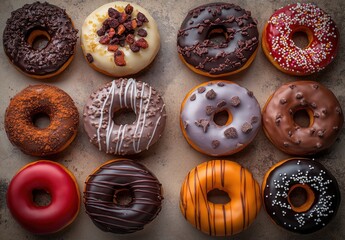 Colorful Variety of Delicious Donuts Arranged in a Beautiful Pattern Showcasing Toppings and Frostings Perfect for a Sweet Treat or Dessert Inspiration