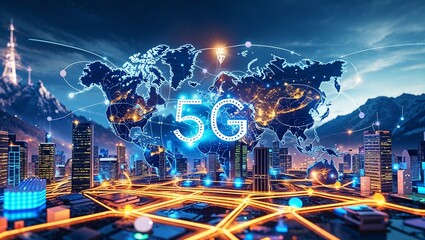 Obraz premium 5G wireless network, high speed internet, cloud computing or connect diagram technology, Data storage, service, synchronize, online, financial, Connectivity global