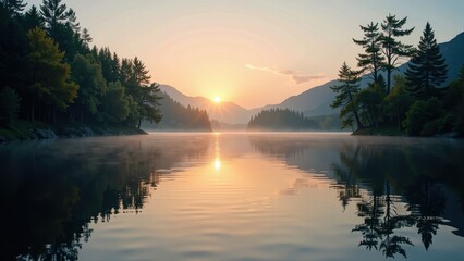 Fototapeta premium Golden sunrise paints the sky as its rays kiss the serene lake's mirrored surface, casting warm hues across the tranquil waters. A moment of peace envelops the scene at dawn