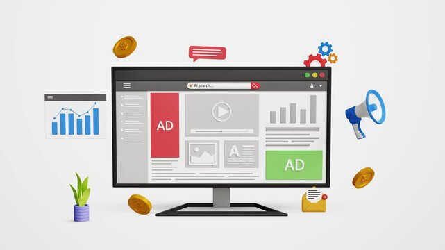Digital traffic analysis, SEO, search engine optimization, web traffic, marketing or ranking concept. Paid ads or promotion on web page. 4K 3D animation