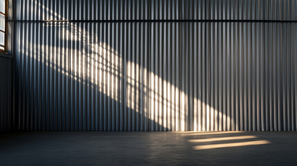 Obraz premium Corrugated metal roofing sheets with a sleek, galvanized surface are arranged against a rugged wall in a warehouse bathed in cool, diffused lighting, highlighting their durability.