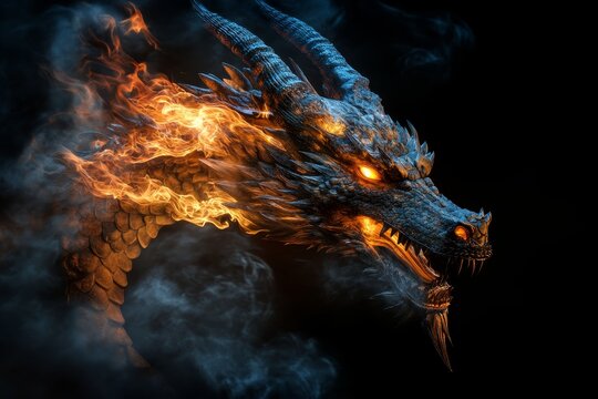 Majestic fire dragon emerges from darkness with fiery scales and intense glowing eyes