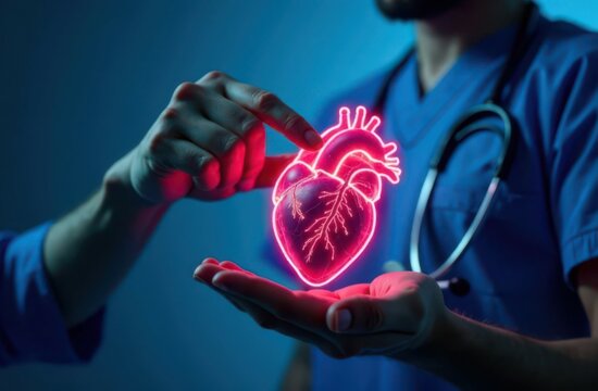Doctor's hand holding human neon heart, other doctor supporting it. World heart day, awareness of cardiovascular disease - Powered by Adobe