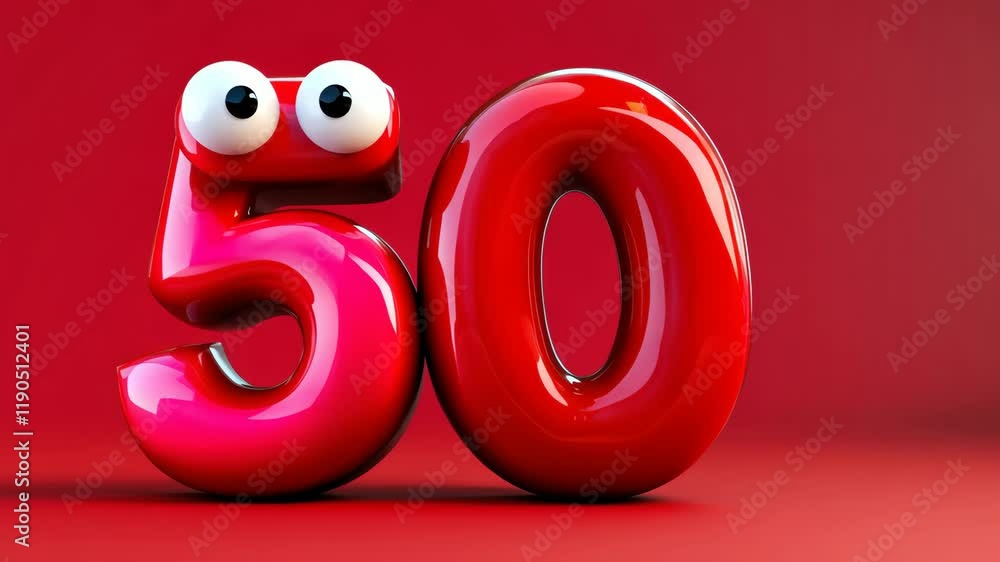 Poster red number 50 with a face on it. the number 50 is surrounded by a red circle