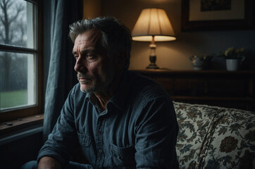 Obraz premium A man sits alone in his dimly lit house, feeling sad, solitude and stressed.