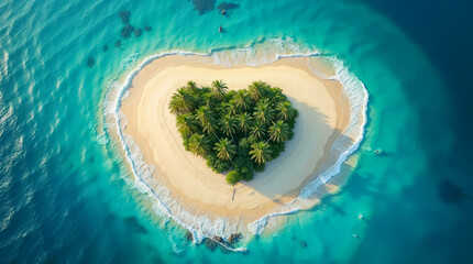 tropical heart shaped island in the ocean, aerial view