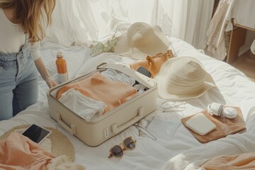 Cozy travel preparation scene with denim overalls, neatly organized suitcase, and essentials on bed