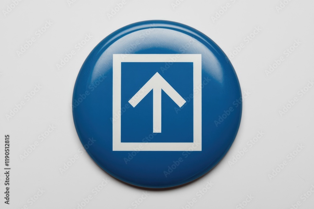 Poster a blue circular button with a white upward arrow inside a square, indicating an elevator's upward di