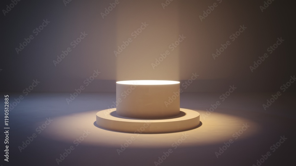 Poster a minimalist beige pedestal illuminated by a spotlight, creating a dramatic and clean presentation s