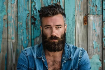 Obraz premium Handsome Caucasian Man with Beard in Front of Vintage Wooden Texture Background