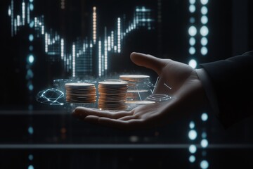 Symbolizing financial success  a hand holding coins with holographic growth elements and charts