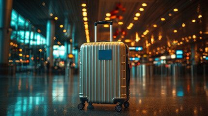 A suitcase standing upright in an airport terminal, with a boarding pass sticking out of the pocket