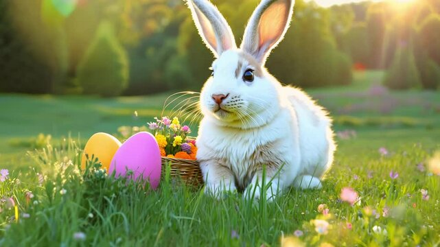 Easter video of a cute bunny holding a decorated egg. The bunny is surrounded by colorful Easter eggs and a basket. Easter bunny with a decorated egg in the grass in the backyard.