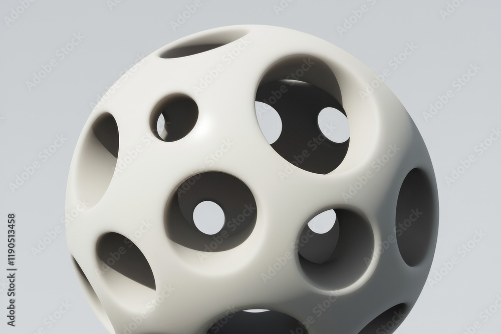 Poster Abstract 3D rendering of a white sphere with numerous interconnected holes, creating a complex and intriguing design.