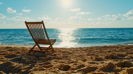 A serene beach scene featuring a wooden chair on sandy shores under a bright sun