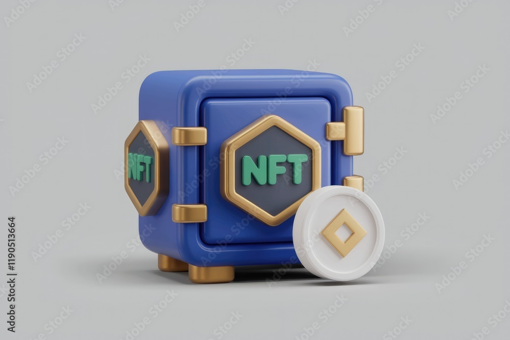 Poster a 3d render of a blue safe with nft logo, symbolizing secure nft storage and cryptocurrency.