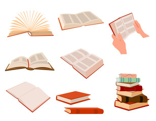 Set of flat books. Open book, Stack of books on a white background. Pile of books. Hardback books composition. Colored cartoon illustration. Literature, dictionaries, encyclopedias