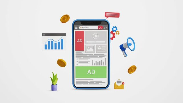 Digital traffic analysis, SEO, search engine optimization, web traffic, marketing or ranking concept. Paid ads or promotion on web page. 4K 3D animation
