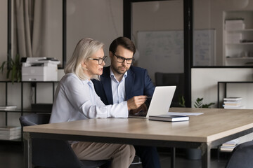 Two Caucasian teammates sitting at desk in office looking at computer screen learn new corporate...