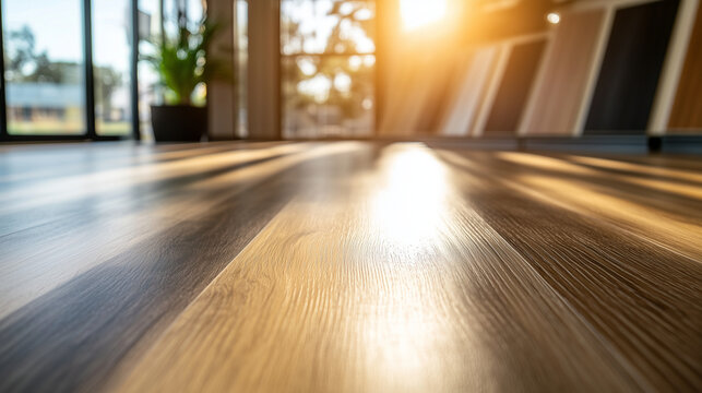 A selection of premium laminate flooring samples arranged in a gradient pattern, their realistic wood textures illuminated by diffused sunlight streaming through a modern showroom.