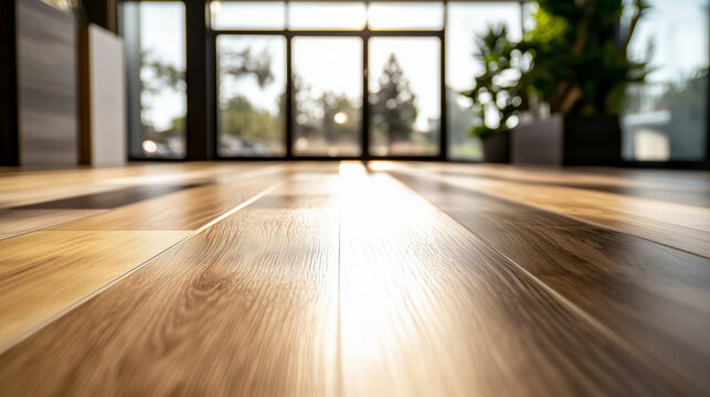 A selection of premium laminate flooring samples arranged in a gradient pattern, their realistic wood textures illuminated by diffused sunlight streaming through a modern showroom.