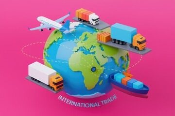 Fototapeta premium Global trade visualized with airplanes, trucks, and cargo ships transporting goods across the world.