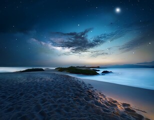 8K high quality image of a midnight horizon with islands, peninsulas, sandy beaches, rocks, and a serene sky meeting the calm sea in the pitch black night.

