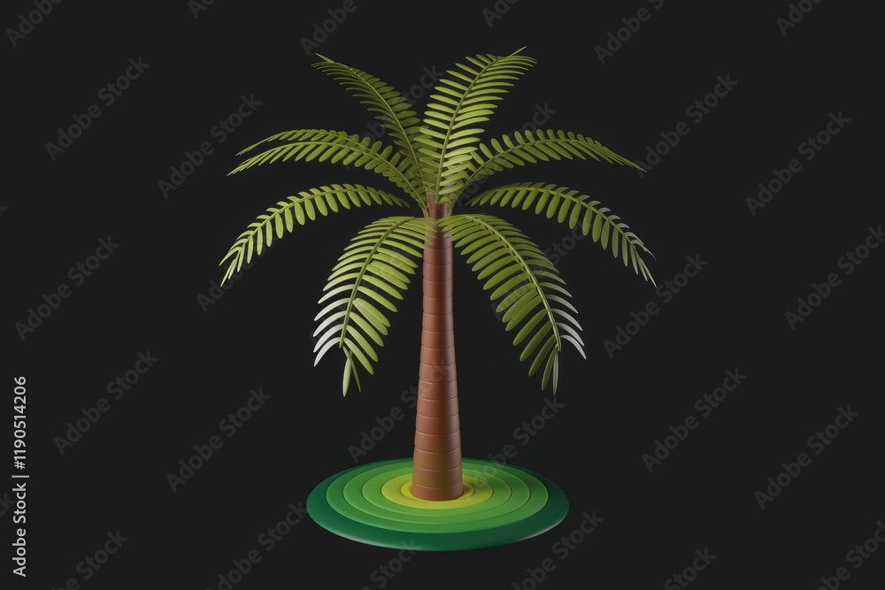 Poster a stylized 3d rendering of a palm tree on a circular base, isolated on a transparent background.