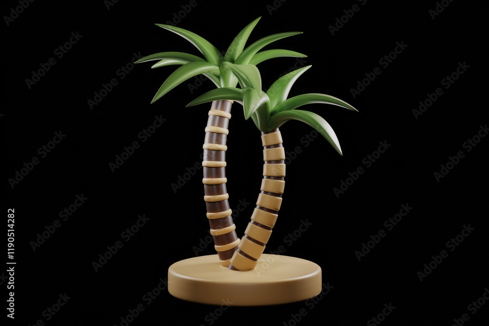 Fototapete 3d render of two stylized palm trees on a sandy base, isolated on transparent background.