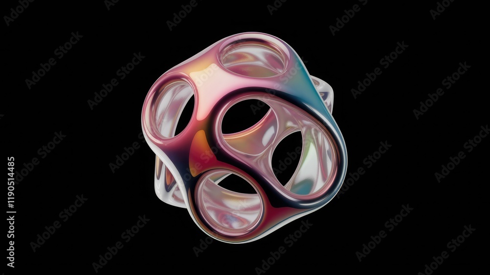 Poster Abstract iridescent 3D render of a complex, interconnected, hollow geometric shape with smooth curves and vibrant colors.