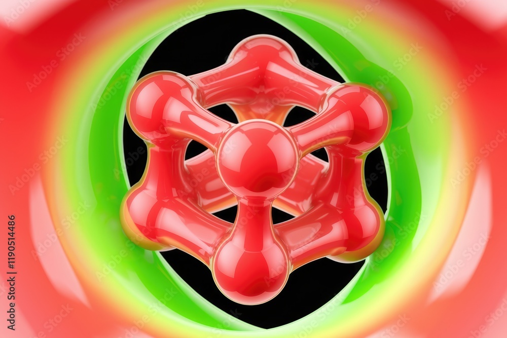 Poster Abstract 3D rendering of a glossy red molecular structure within a vibrant green and red circular frame.