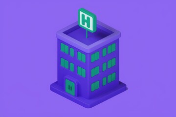 Fototapeta premium Isometric illustration of a purple hotel building with a green H sign on top.