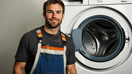 Man in a blue apron is standing next to a washing machine. He is smiling and he is happy