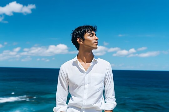 Man in White Shirt Ocean View Summer Relaxation