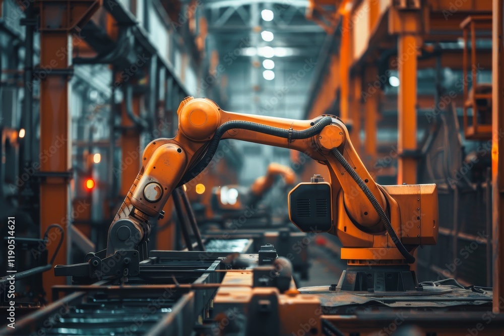 Poster a close-up of a robotic arm working on an assembly line in a modern factory, integrating robotics in