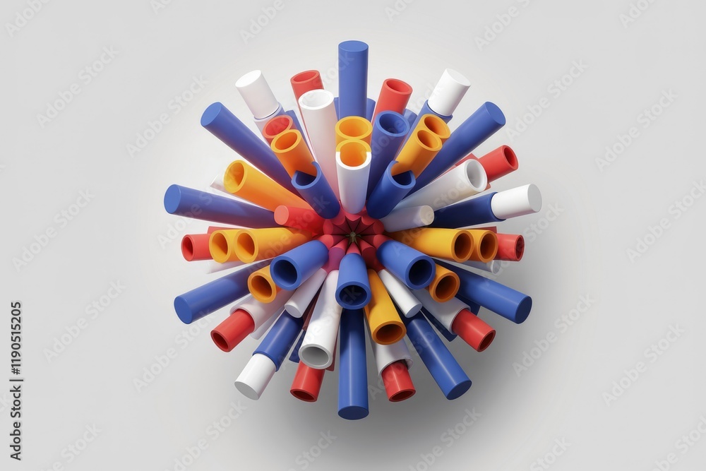 Poster a vibrant sphere composed of colorful cylindrical shapes, radiating outwards in a dynamic and visual