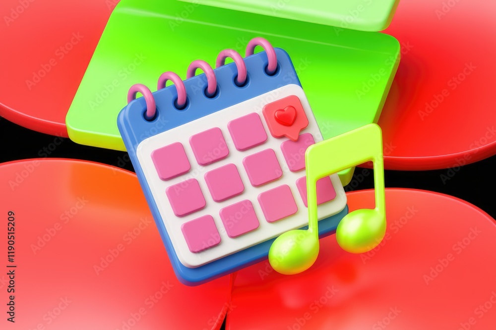 Poster A 3D rendered image showing a calendar with a love heart and musical notes, symbolizing a memorable event.