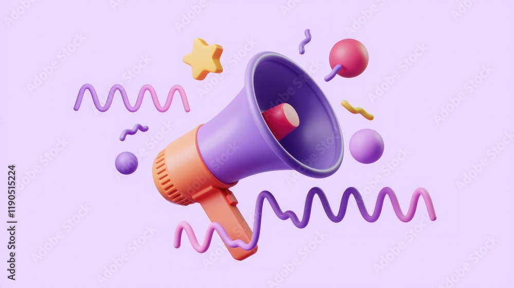 Poster a 3d rendered illustration of a purple megaphone surrounded by colorful abstract shapes, conveying a
