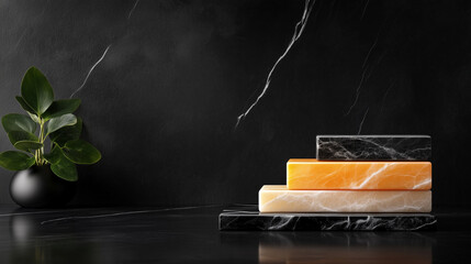 Premium marble cuts in a gradient of hues, displayed on a black backdrop with a satin finish, emphasizing their high-quality craftsmanship and natural charm.