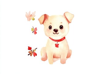 Fototapeta premium A cute, cartoon-style puppy sits surrounded by flowers and butterflies, exuding warmth and playfulness.