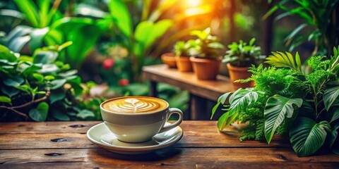 Cappuccino Latte Art on Wooden Table, Modern European Interior, Plants, Bokeh Background - Stock Photo