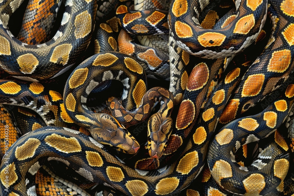 Poster a close-up image of multiple pythons intertwined, creating a complex pattern of scales and colors, a